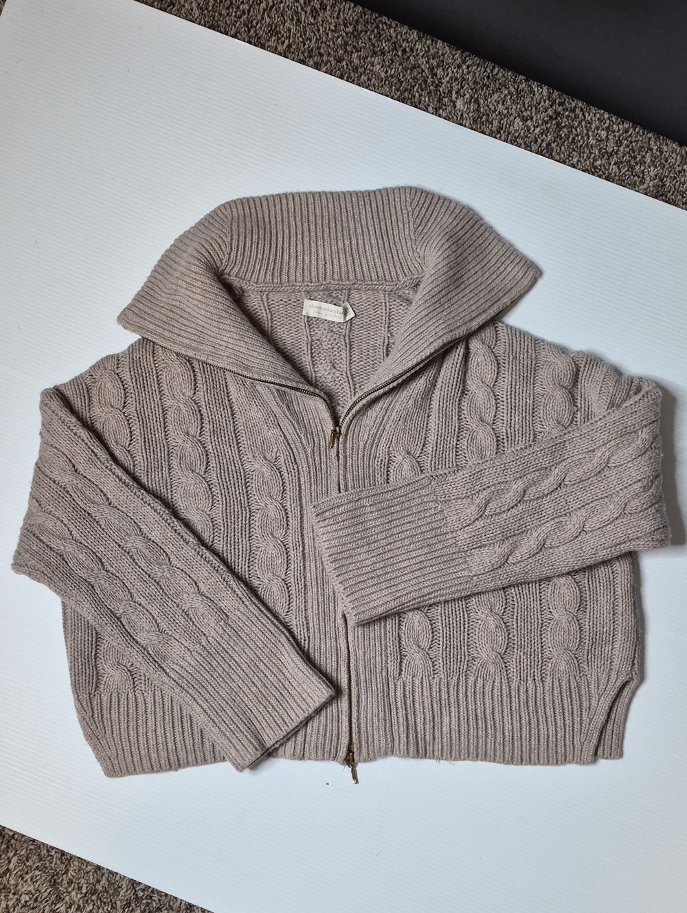 Abercrombie & Fitch Taupe Cable-Knit Zip Cardigan - Picture 2 of 9